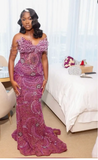 Strapless Sheath Long Prom Dresses Beaded Tulle Grape Evening Dresses HZ1024