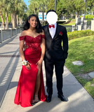 Off-Shoulder Sheath Long Prom Dresses Applique Satin Red Evening Dress with Slit HZ1024