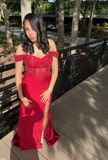 Off-Shoulder Sheath Long Prom Dresses Applique Satin Red Evening Dress with Slit HZ1024