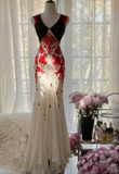 V-neck Mermaid Long Prom Dresses Appliqu¨¦ Chiffon Evening Dresses HZ1024