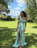 Asymmetric Neck Sheath Long Prom Dresses Chiffon Tiffany Blue Evening Dresses HZ1024