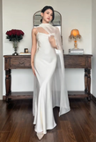 Spaghetti Strap Sheath Long Prom Dresses Satin White Wedding Guest Dresses HZ1024