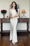 Spaghetti Strap Sheath Long Prom Dresses Satin White Wedding Guest Dresses HZ1024