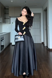 V-neck Two-Piece Long Prom Dress Satin Black Guest Dress HZ1024