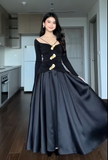 V-neck Two-Piece Long Prom Dress Satin Black Guest Dress HZ1024