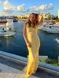 Spaghetti Strap Sheath Long Prom Dresses Tulle Applique Yellow Wedding Guest Dresses HZ1024