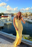 Spaghetti Strap Sheath Long Prom Dresses Tulle Applique Yellow Wedding Guest Dresses HZ1024