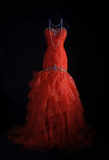 Strapless Sheath Long Prom Dresses Tulle Bead Orange Sweet 16 Dresses HZ1024