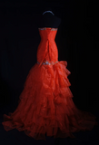Strapless Sheath Long Prom Dresses Tulle Bead Orange Sweet 16 Dresses HZ1024