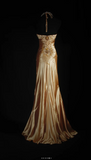 Spaghetti Strap Sheath Long Prom Dresses Silk Bead Gold Formal Dresses HZ1024