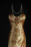 Spaghetti Strap Sheath Long Prom Dresses Silk Bead Gold Formal Dresses HZ1024