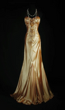Spaghetti Strap Sheath Long Prom Dresses Silk Bead Gold Formal Dresses HZ1024