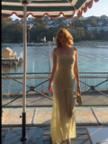 Spaghetti Strap Sheath Long Prom Dresses Chiffon Yellow Birthday Dresses HZ1024