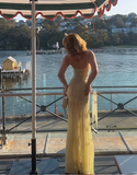 Spaghetti Strap Sheath Long Prom Dresses Chiffon Yellow Birthday Dresses HZ1024