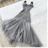 Spaghetti Strap Mermaid Long Prom Dresses Tulle Gray Birthday Dresses HZ1024