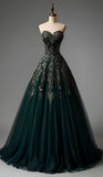 Sweetheart A-Line Long Prom Dresses Tulle Forest Green Sweet 16 Dresses HZ1024