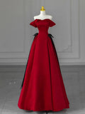 Off Shoulder Satin Burgundy Long Prom Dress, Burgundy Long Formal Dress HZ1024