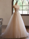 Sweetheart Neck Tulle Champagne Long Prom Dress With Lace HZ1024