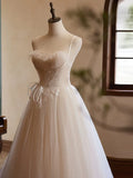 Sweetheart Neck Tulle Champagne Long Prom Dress With Lace HZ1024