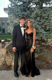 Spaghetti Strap Sheath Long Prom Dress with Slit, Satin Black Formal Dress HZ1024