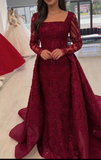 Square Neck Sheath Long Prom Dress Tulle Beaded Burgundy Evening Dress HZ1024