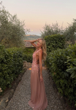 Halter Sheath Long Prom Dresses Chiffon Flowers Gray-Pink Birthday Dresses HZ1024