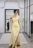 Yellow Strapless Sheath Satin Bridesmaid Dresses with Slits Yellow Formal Evening Dress HZ1024