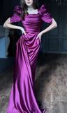 Sheath Grape Long Prom Dresses Satin Grape Wedding Guest Dresses with Short Sleeves HZ1024