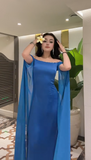 Off Shoulder Sheath Blue Long Prom Dresses Chiffon Blue Wedding Guest Dresses HZ1024