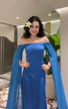 Off Shoulder Sheath Blue Long Prom Dresses Chiffon Blue Wedding Guest Dresses HZ1024