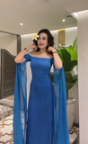 Off Shoulder Sheath Blue Long Prom Dresses Chiffon Blue Wedding Guest Dresses HZ1024