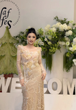 Sheath Long Prom Dresses Tulle Sequin Champagne Wedding Guest Dresses HZ1024