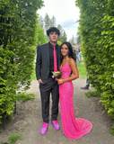 Spaghetti Strap Sheath Long Prom Dresses with Slits Sequin Fuchsia Formal Dresses HZ1024