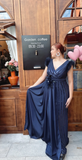 V-neck Sheath Navy Blue Mother of the Bride Dresses Satin Navy Blue Wedding Guest Dresses HZ1024