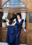 V-neck Sheath Navy Blue Mother of the Bride Dresses Satin Navy Blue Wedding Guest Dresses HZ1024