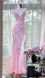 Spaghetti Strap Mermaid Pink Long Prom Dresses Chiffon Beaded Pink Formal Dresses HZ1024