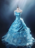 Strapless Ball Gown Blue Long Prom Dresses Satin Blue Quinceanera Dresses Sweet 16 Dress HZ1024