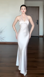V neck Sheath Long Prom Dresses Satin Wedding Guest Dresses HZ1024