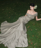 Off Shoulder Sheath Long Prom Dresses Silk Formal Dresses HZ1024