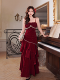 Spaghetti Strap Sheath Burgundy Long Prom Dresses Burgundy Birthday Dresses Ruffle Velvet Sleeveless New Year's Evening Dress HZ1024