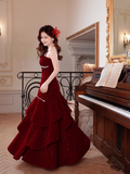 Spaghetti Strap Sheath Burgundy Long Prom Dresses Burgundy Birthday Dresses Ruffle Velvet Sleeveless New Year's Evening Dress HZ1024