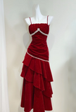 Spaghetti Strap Sheath Burgundy Long Prom Dresses Burgundy Birthday Dresses Ruffle Velvet Sleeveless New Year's Evening Dress HZ1024