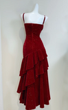 Spaghetti Strap Sheath Burgundy Long Prom Dresses Burgundy Birthday Dresses Ruffle Velvet Sleeveless New Year's Evening Dress HZ1024