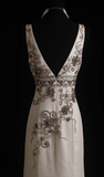 V-neck Sheath Beige Long Prom Dresses Beaded Chiffon Open Back Evening Dresses HZ1024