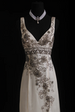 V-neck Sheath Beige Long Prom Dresses Beaded Chiffon Open Back Evening Dresses HZ1024