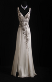 V-neck Sheath Beige Long Prom Dresses Beaded Chiffon Open Back Evening Dresses HZ1024