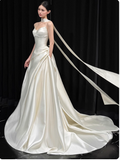 Strapless Satin Long Wedding Dresses Sleeveless White Bridal Gowns HZ1024