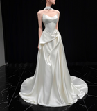 Strapless Satin Long Wedding Dresses Sleeveless White Bridal Gowns HZ1024