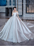 Off-the-shoulder Ball Gown Satin Long Wedding Dresses Applique White Bridal Gowns Short Sleeve Bridal Dresses HZ1024