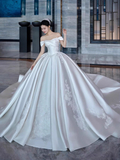 Off-the-shoulder Ball Gown Satin Long Wedding Dresses Applique White Bridal Gowns Short Sleeve Bridal Dresses HZ1024